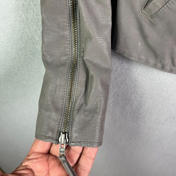 Free People Faux Vegan Leather Moto Jacket 6 Gray Wool Blend Crop Zip Sleeves - Picture 4 of 10